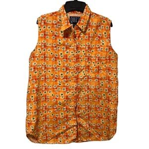 Vintage 90s Quizz  New York Orange Floral Sleeveless Button Down Top